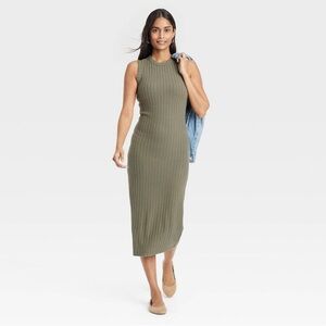 Olive Ribbed Knit Midi Bodycon Dress